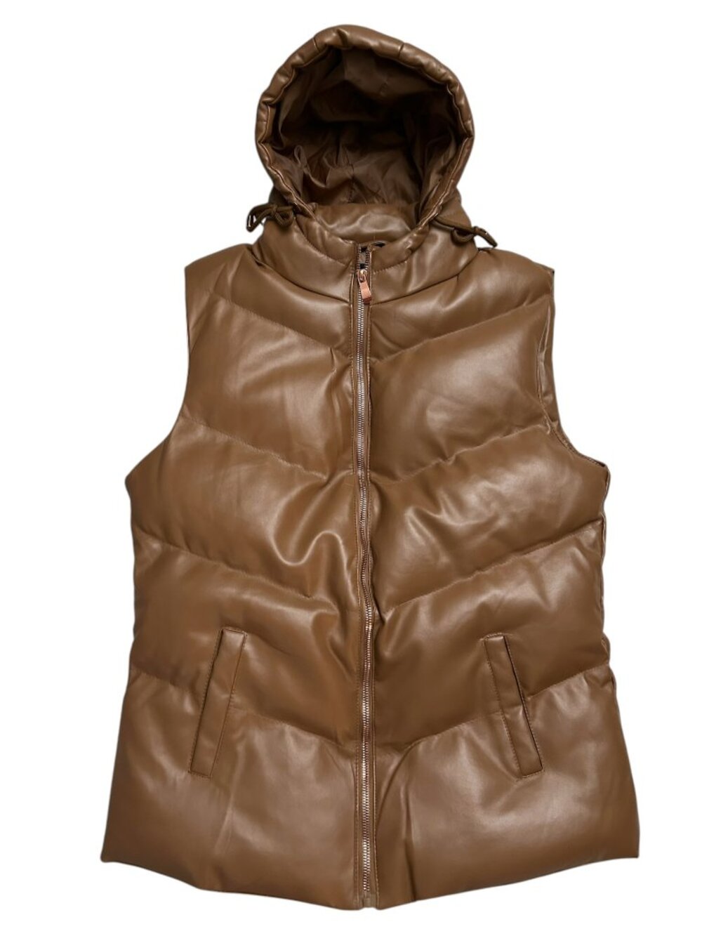 Cavalini Women's Size M Medium Faux Leather Hooded Brown Puffer Vest Jacket NWOT